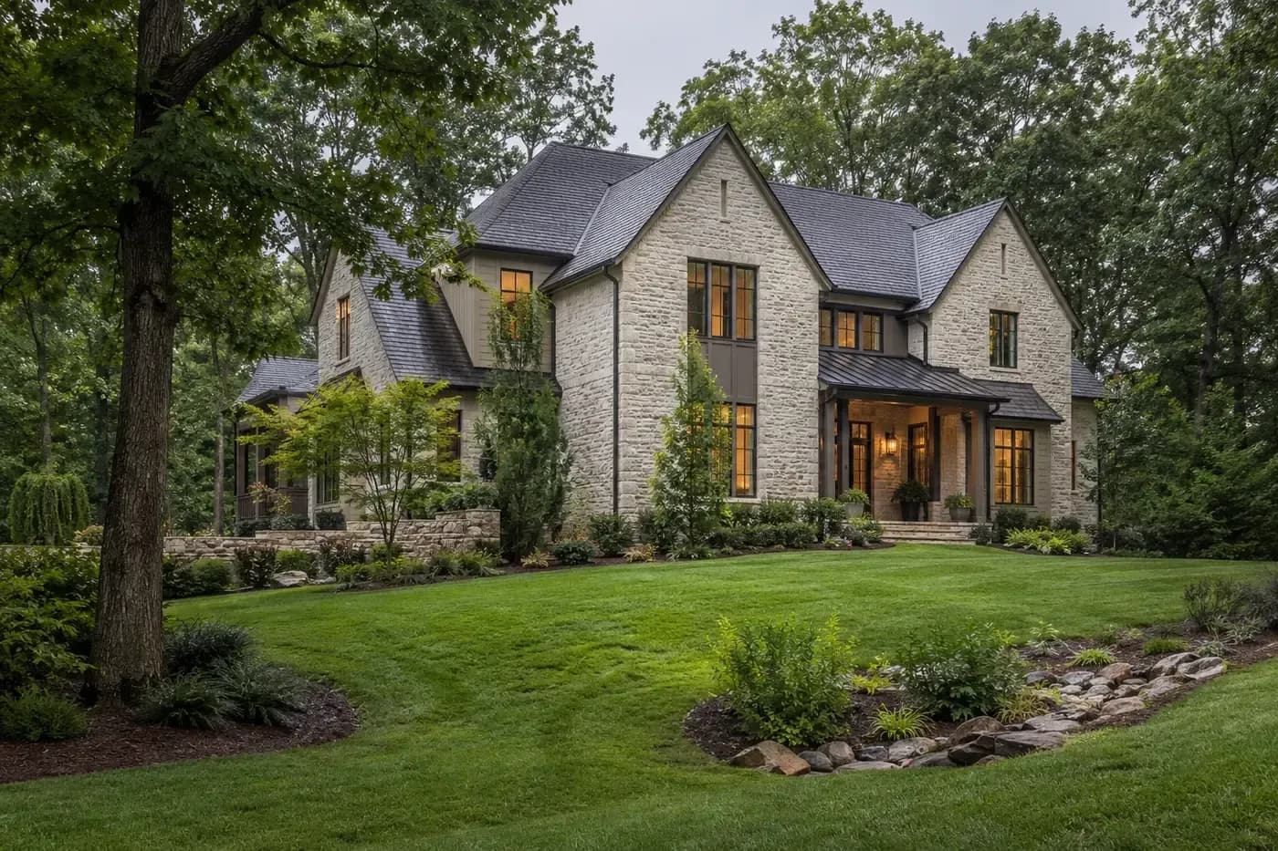 Illustrative luxury custom home coordinated with a wooded lot, finished grade, drainage, and preserved trees