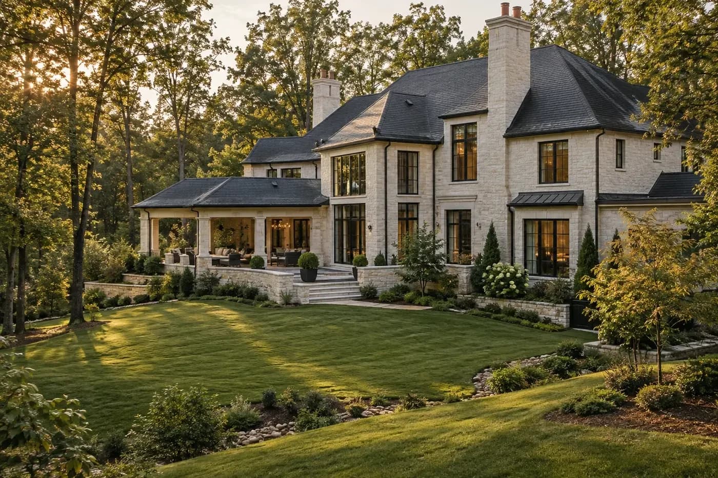 Illustrative luxury custom home composed with terraces, lawn, preserved trees, and sloping grade