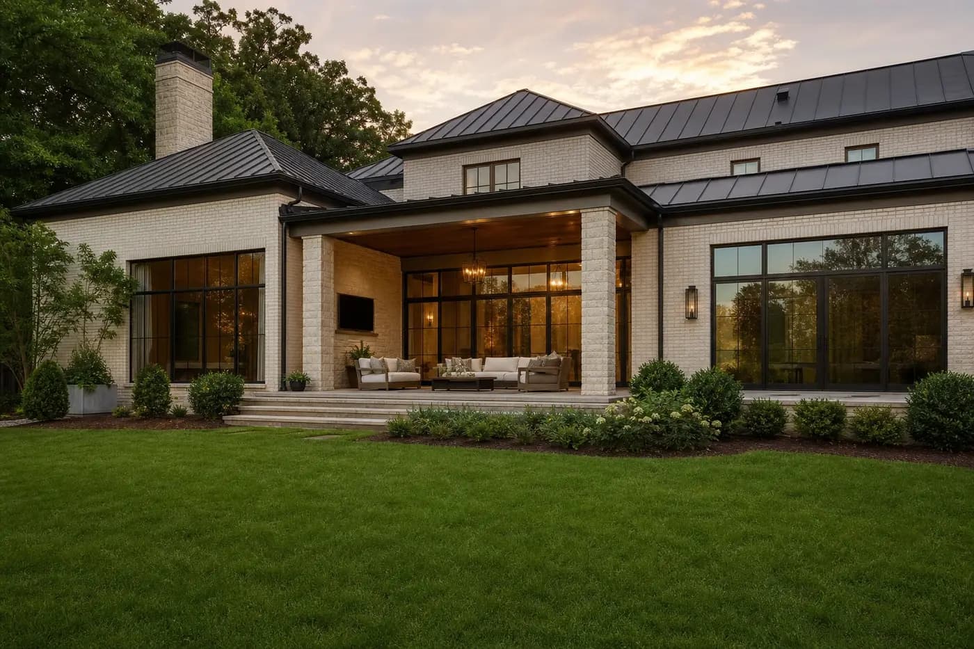 Rear garden elevation of a luxury custom home with limewashed brick, bronze-framed doors, stone columns, and a wood terrace ceiling