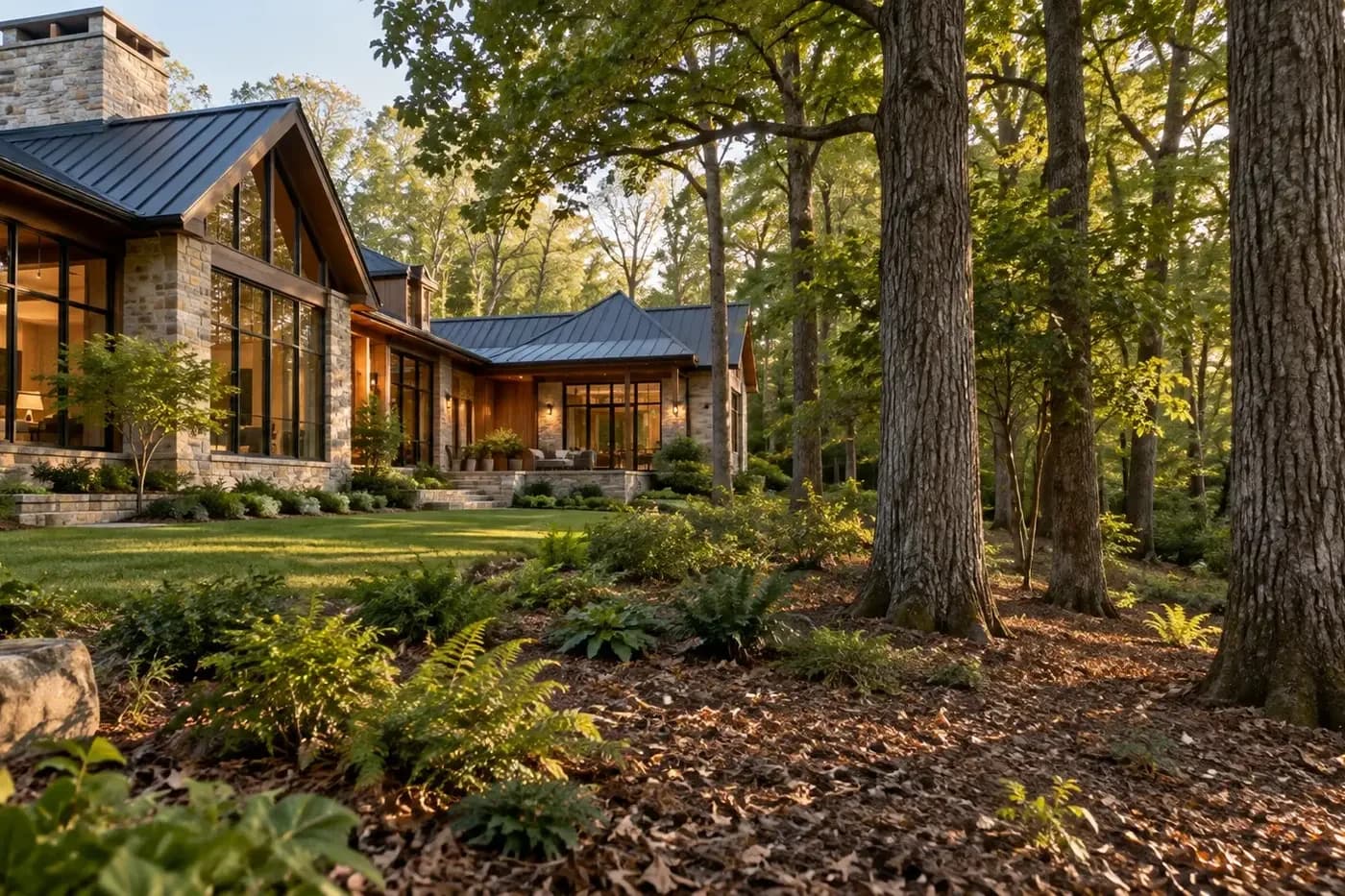 Illustrative luxury custom home beside a generously preserved grove of mature trees
