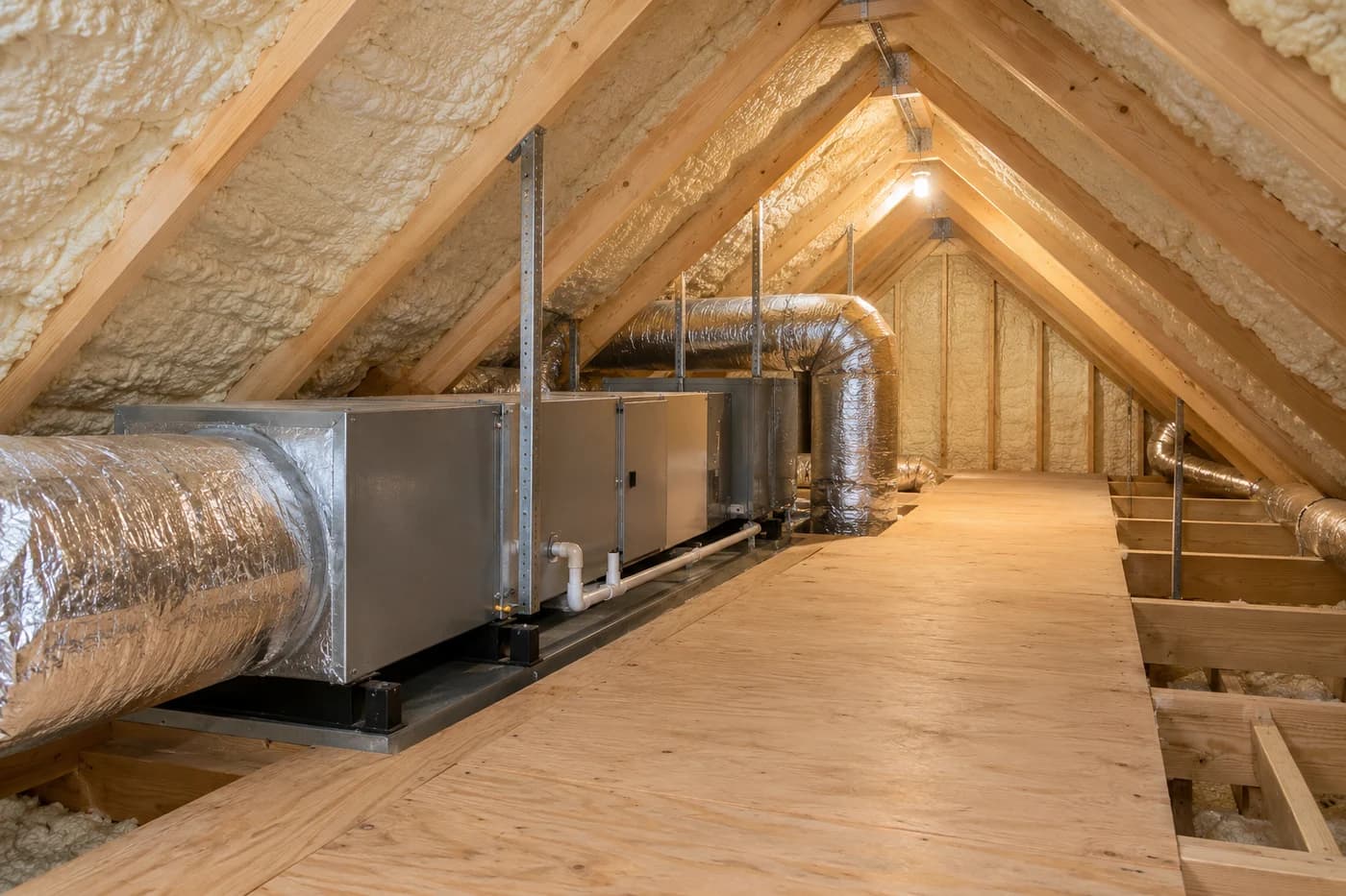 Illustrative conditioned attic with roofline insulation, a service walkway, and compact residential HVAC distribution