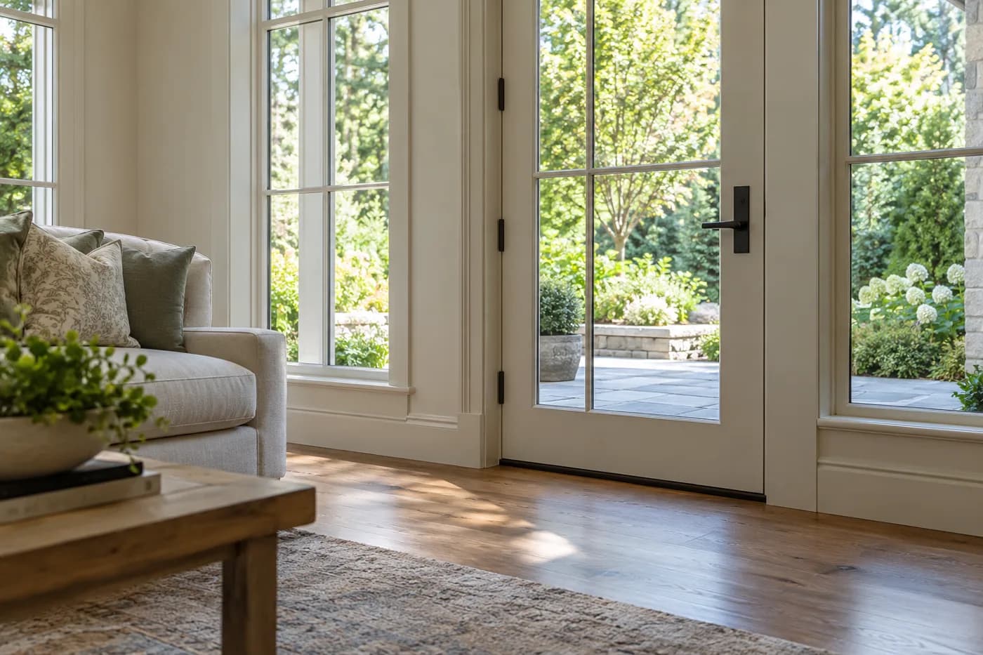 Glazed exterior door beside a wood floor and garden-facing windows