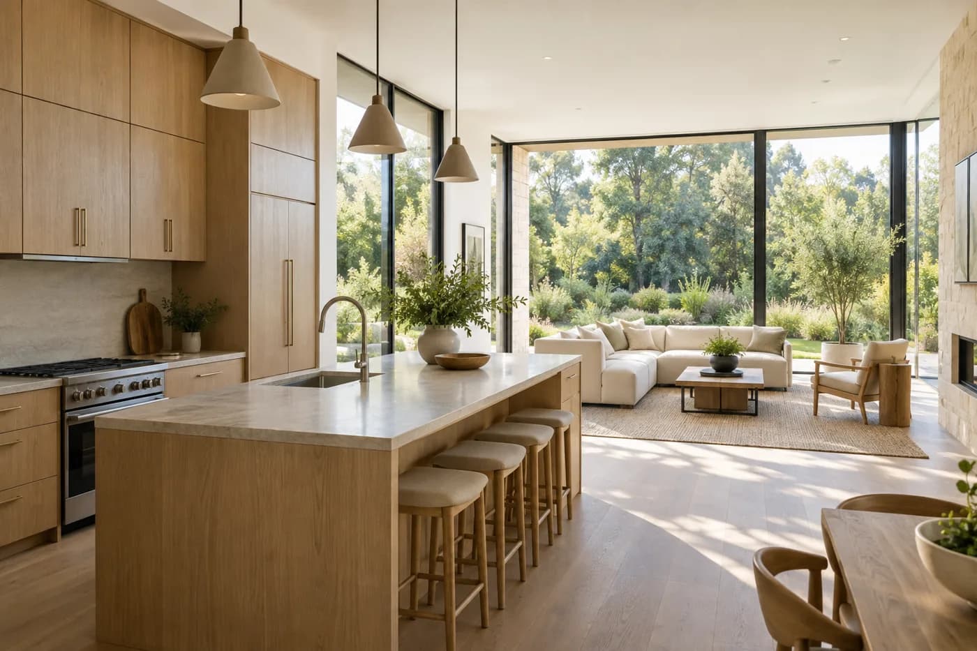 Bright white oak kitchen and living space