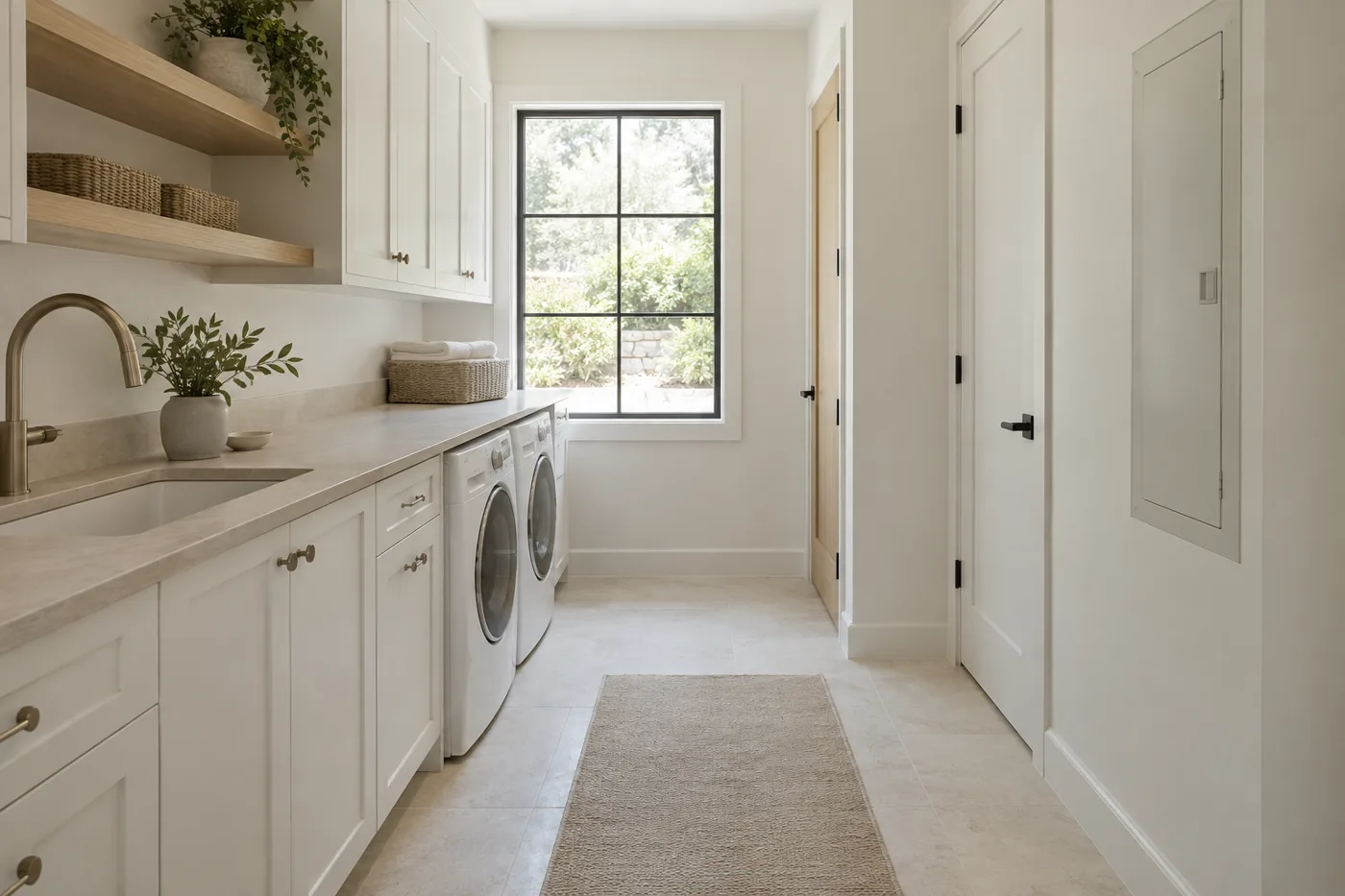 Finished utility room with sink, cabinetry, and closed service panel