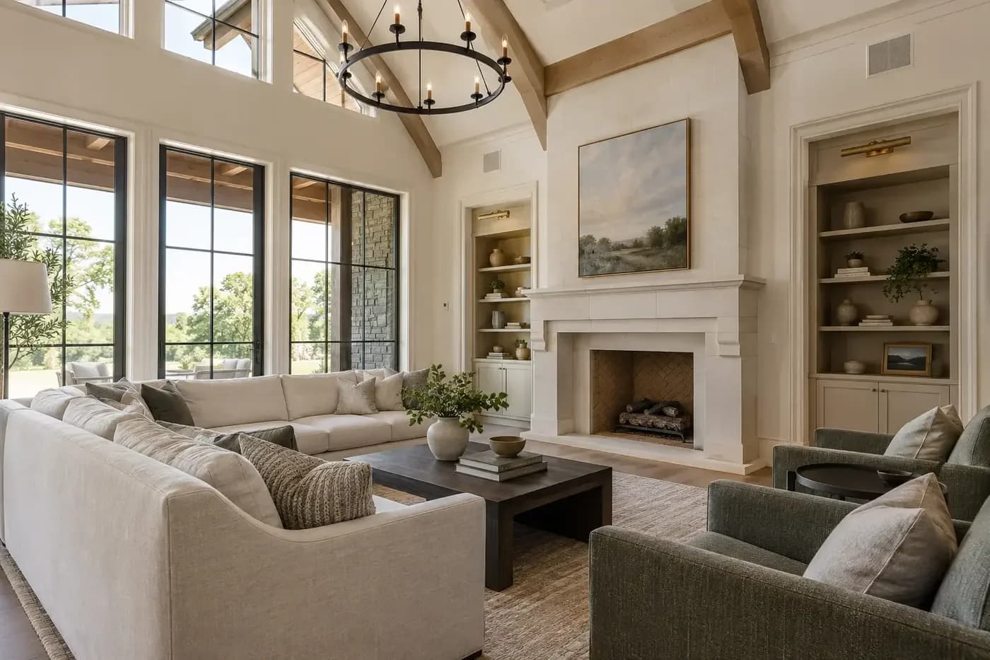 Illustrative completed custom-home great room with windows, ceiling assemblies, fireplace, and air-distribution grilles ready for verification
