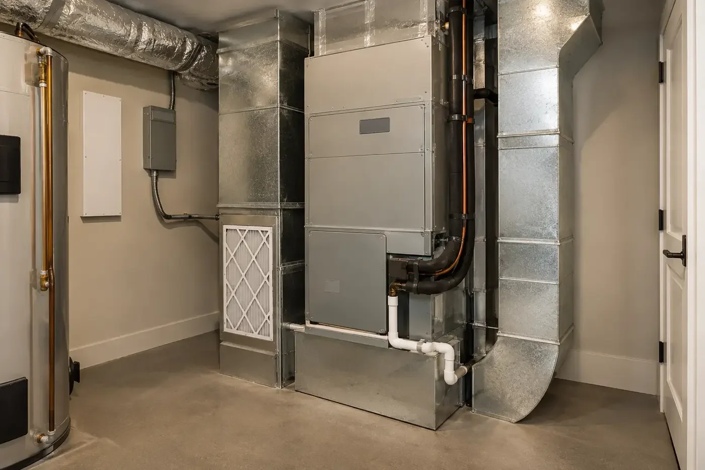 Illustrative clean custom-home mechanical room with accessible air-handling equipment and coordinated ductwork