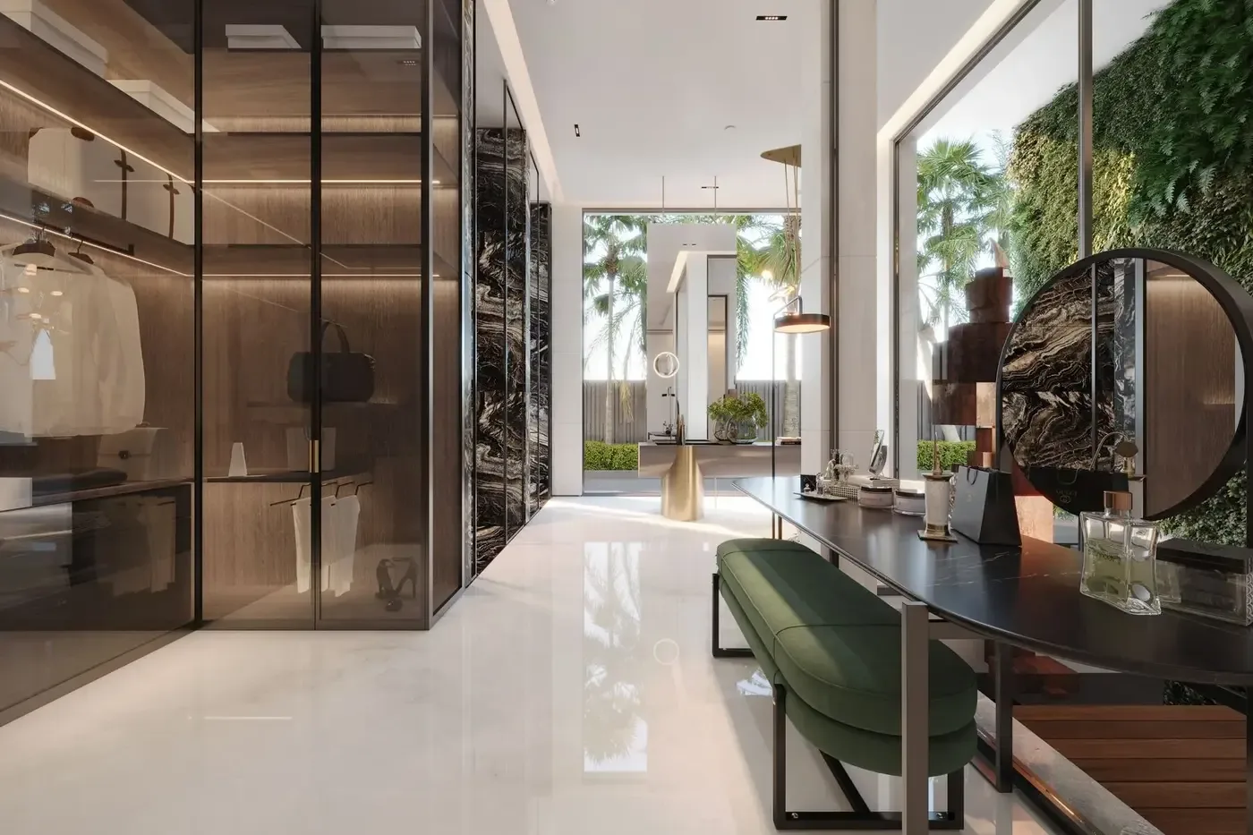 Representative luxury custom-home interior with coordinated cabinetry, glass, lighting, and finishes