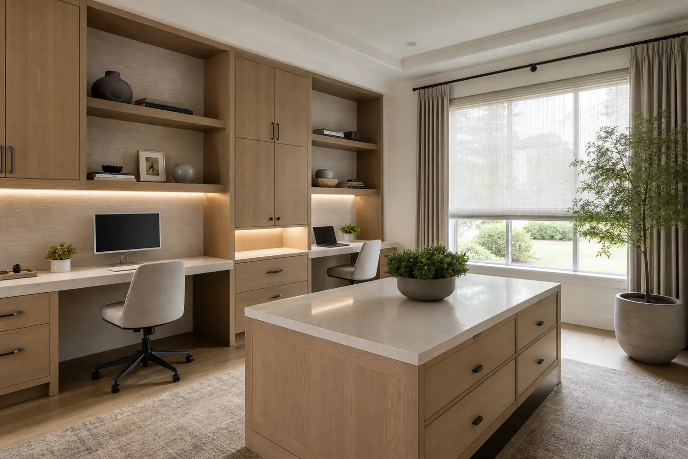 Luxury dual-workstation home office with integrated white oak cabinetry, task lighting, and central worktable