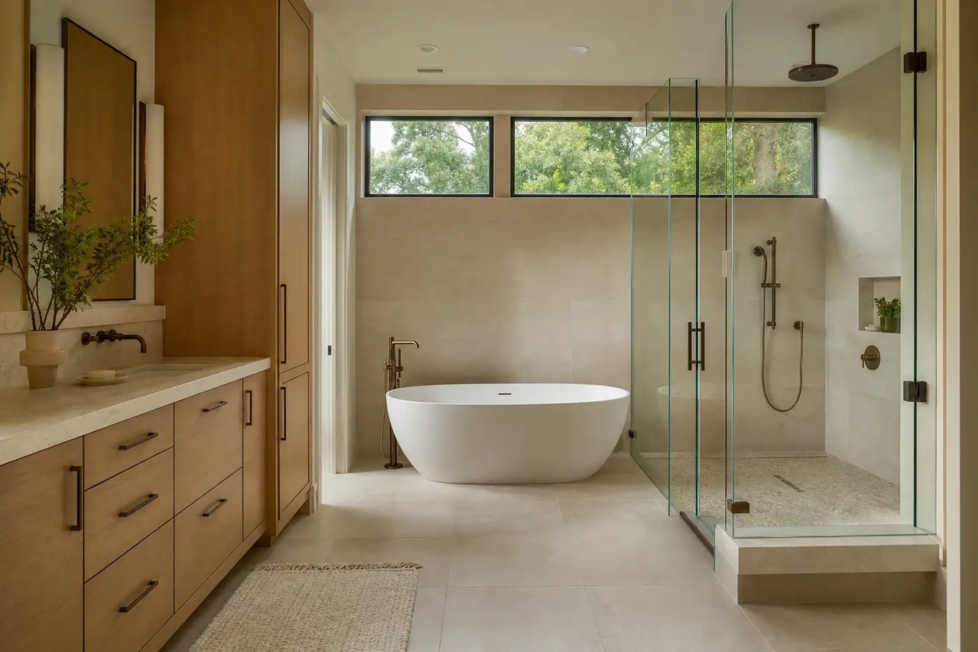 Spa-like primary bathroom with limestone surfaces, white oak cabinetry, a soaking tub, and glass shower