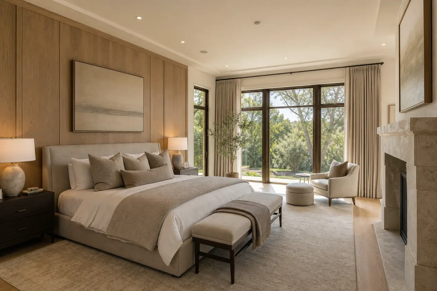Tailored primary bedroom with layered neutral textiles, garden windows, and balanced furniture clearances