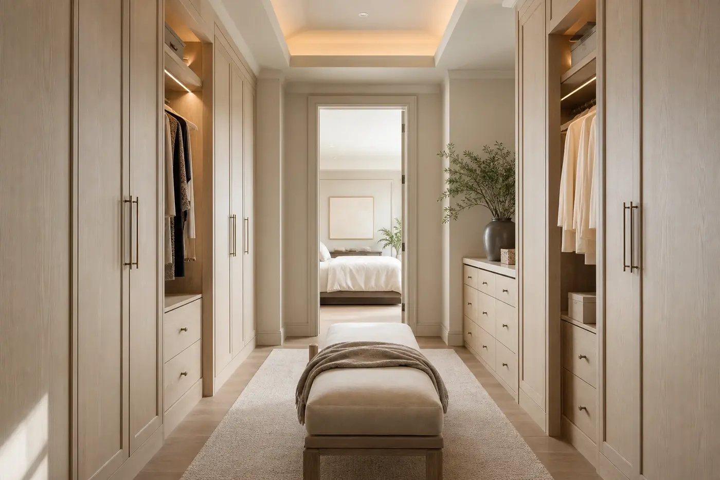 White oak dressing room with integrated wardrobes, a center bench, and a private view toward the bedroom