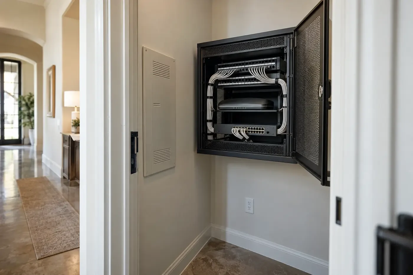 Illustrative residential technology closet with an organized wall-mounted network cabinet and service clearance