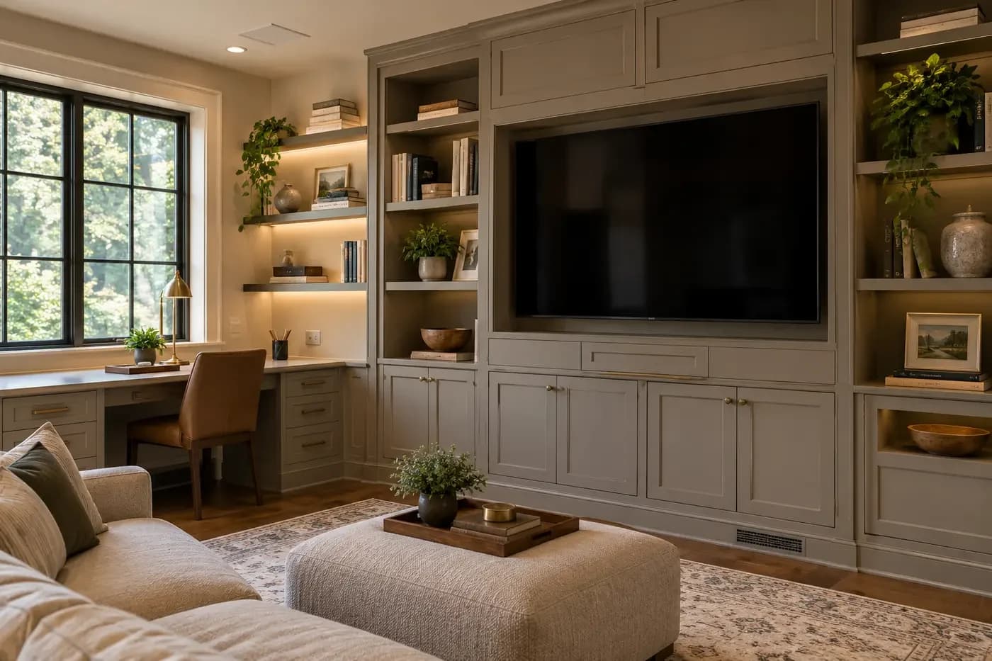 Illustrative custom-home media room with integrated cabinetry, a fixed display, and discreet connected-home infrastructure