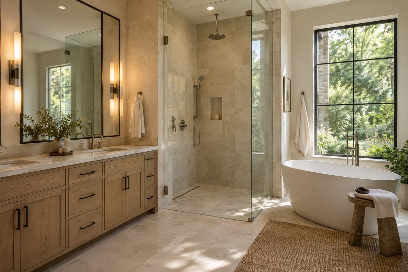 Illustrative luxury custom-home bathroom with coordinated tub, shower, vanity, and garden window