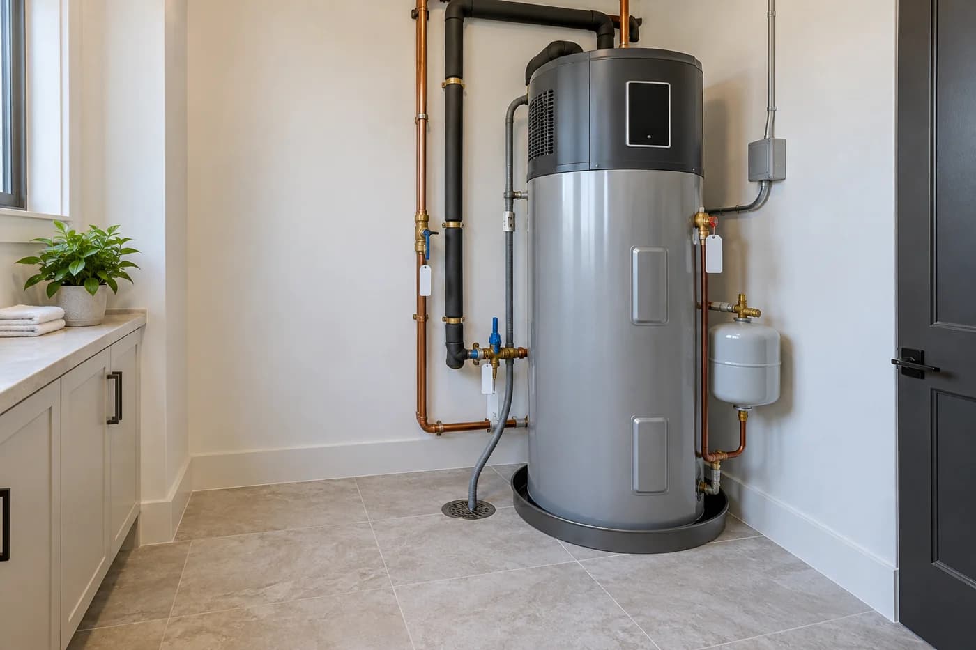 Illustrative residential utility room with heat-pump water heater, insulated piping, drain, and service space