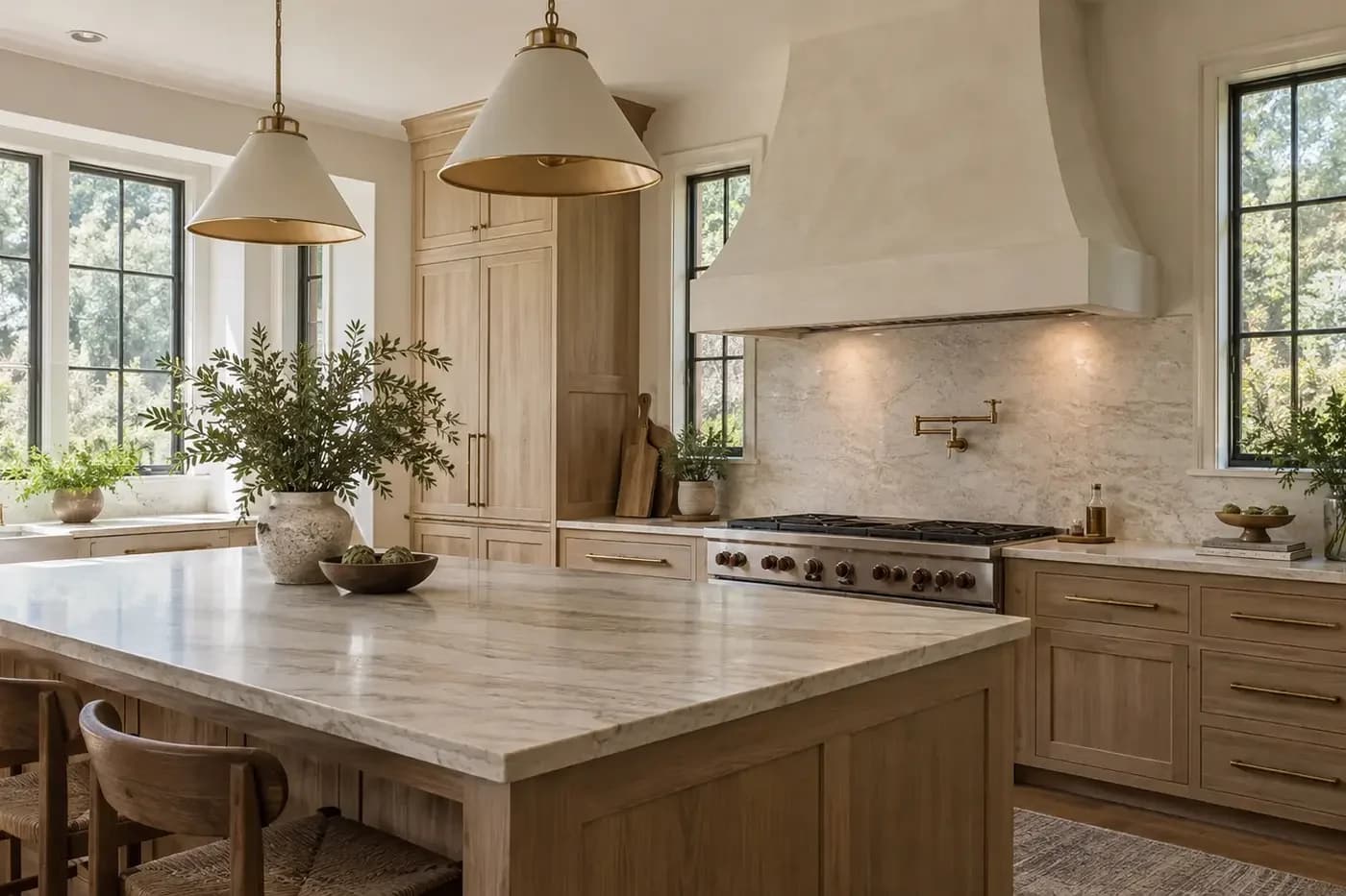 Illustrative luxury custom-home kitchen with a substantial range hood coordinated over the cooking surface