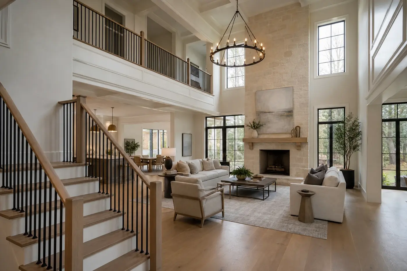 Two-story custom-home great room with an upper gallery, detailed staircase, and clearly connected living levels