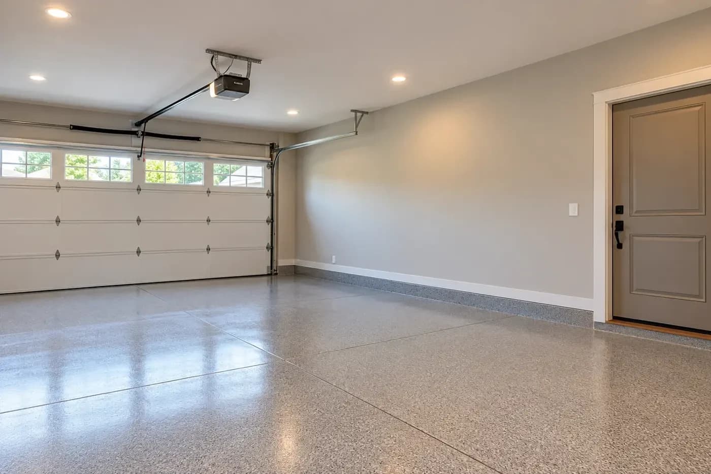 AI-generated representative finished attached garage with a continuous common wall and closed entry door