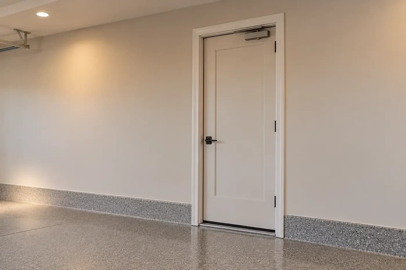 AI-generated representative attached-garage entry door with a closer, threshold, and finished wall