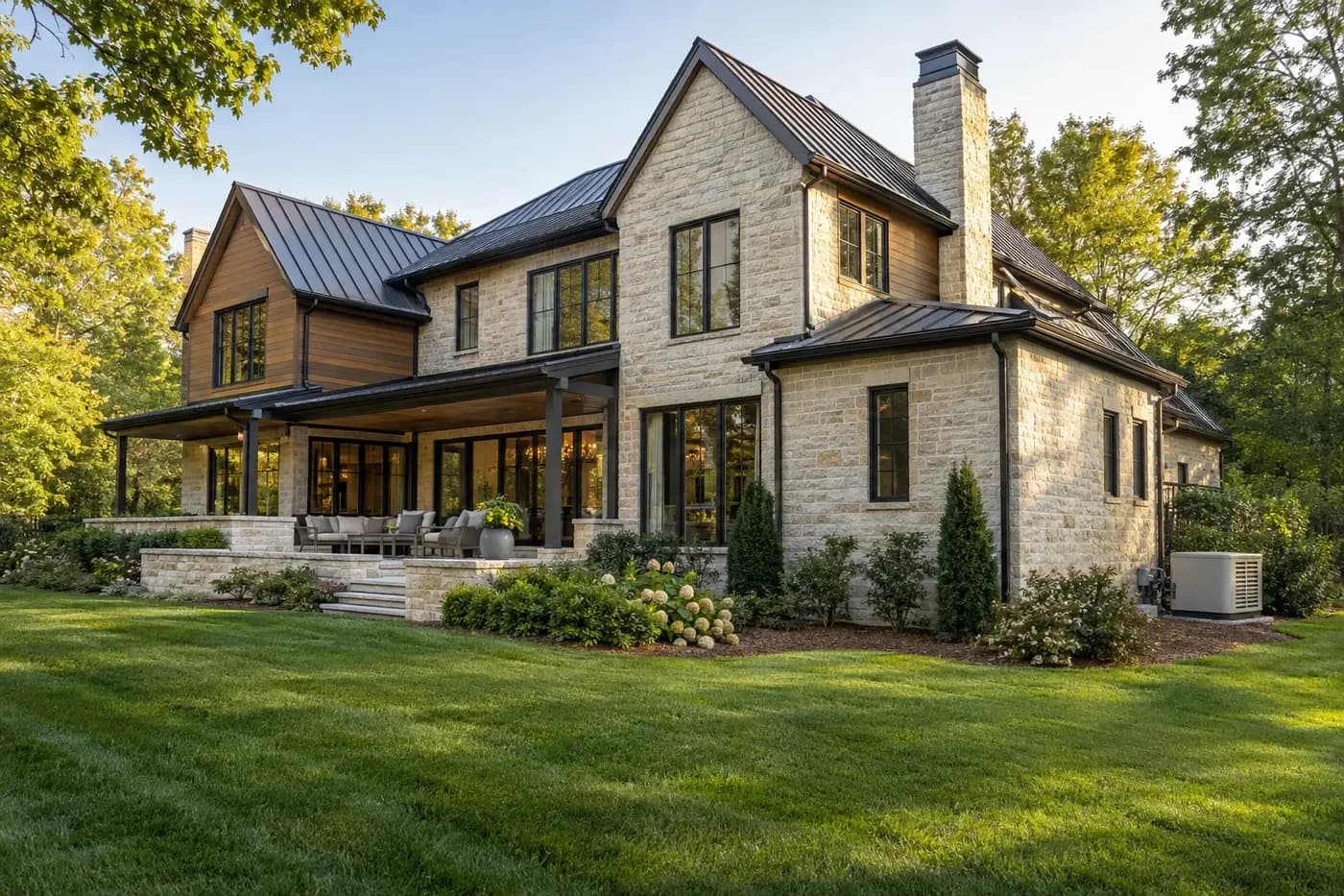 Illustrative luxury custom home with a discreet permanent standby generator planned beside the landscaped rear elevation