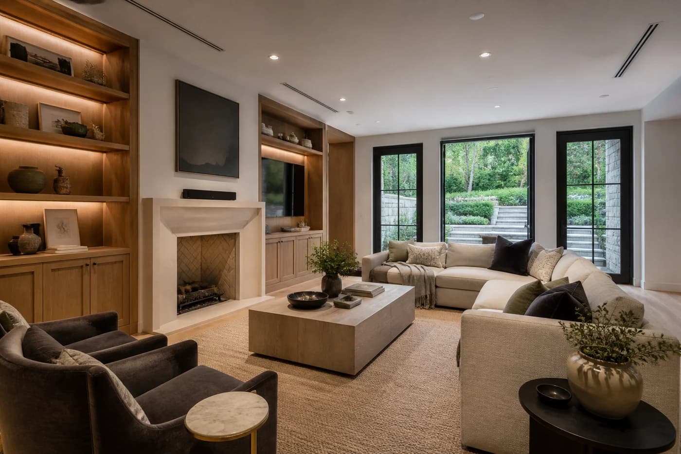 Daylight lower-level lounge in a new Charlotte custom home with garden doors, windows, built-ins, and a limestone fireplace
