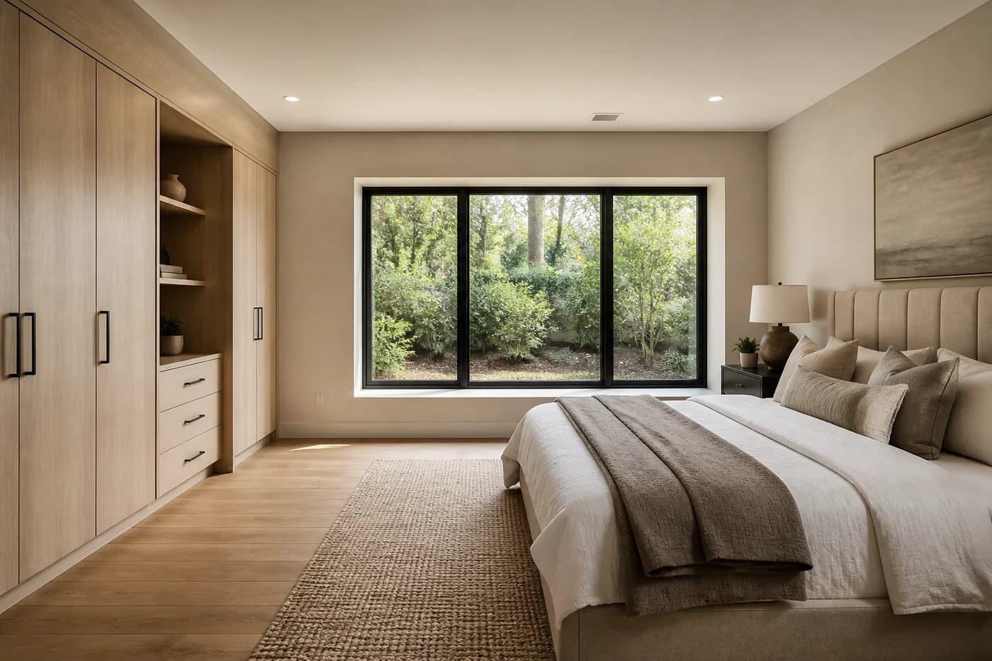 Daylight lower-level guest bedroom in a new luxury custom home with a garden window and white-oak storage