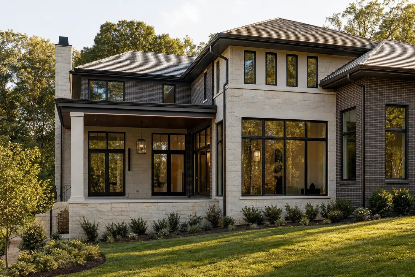 Rear of a new Charlotte custom home showing coordinated roof edges, gutters, wall transitions, windows, covered terrace, and planted grade