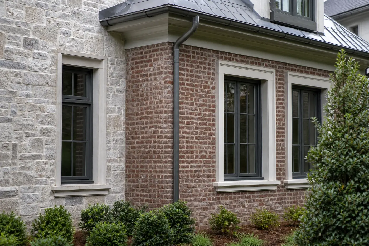 New luxury custom-home wall with recessed windows, limestone and brick transitions, metal roof edge, gutter, and downspout