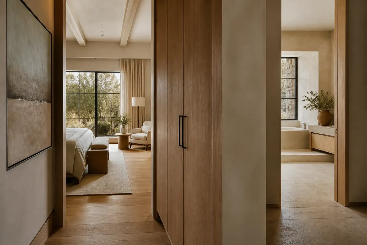 Quiet gallery in a new custom home separating the primary bedroom and bathroom from active living areas