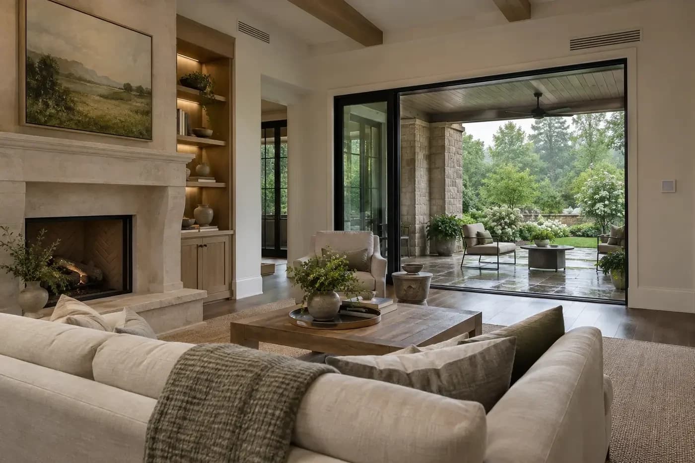 Illustrative luxury custom-home great room with discreet air distribution and a covered terrace after rain