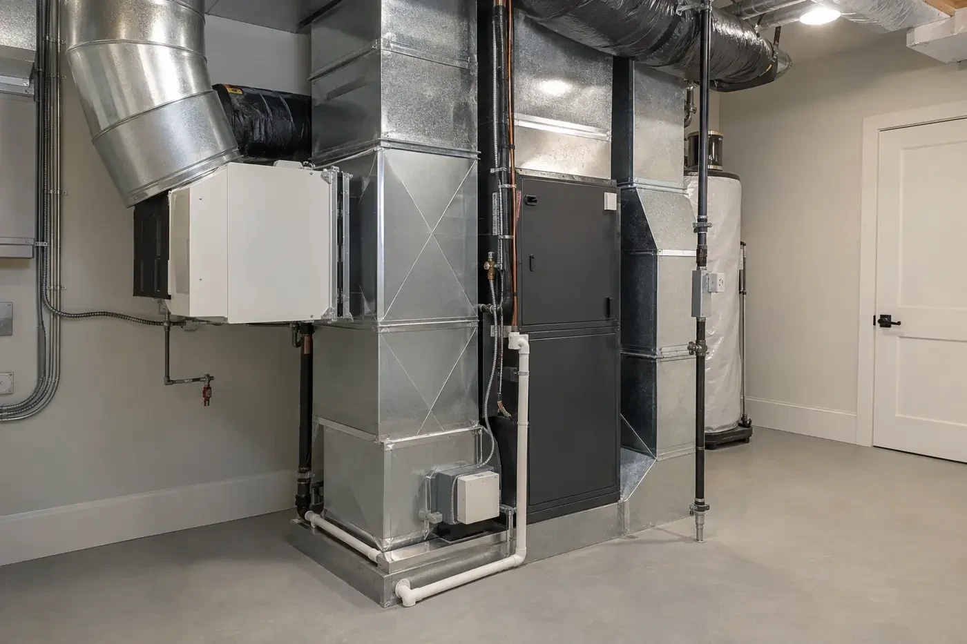Illustrative residential mechanical room with a ducted dehumidifier, air handler, drainage, and clear service space