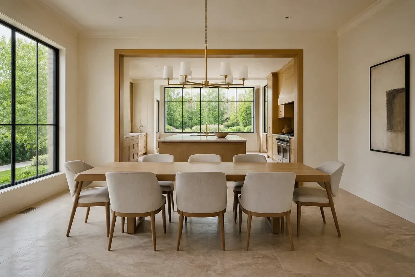 New Charlotte custom-home dining room with a clear connection to a white oak kitchen and garden windows