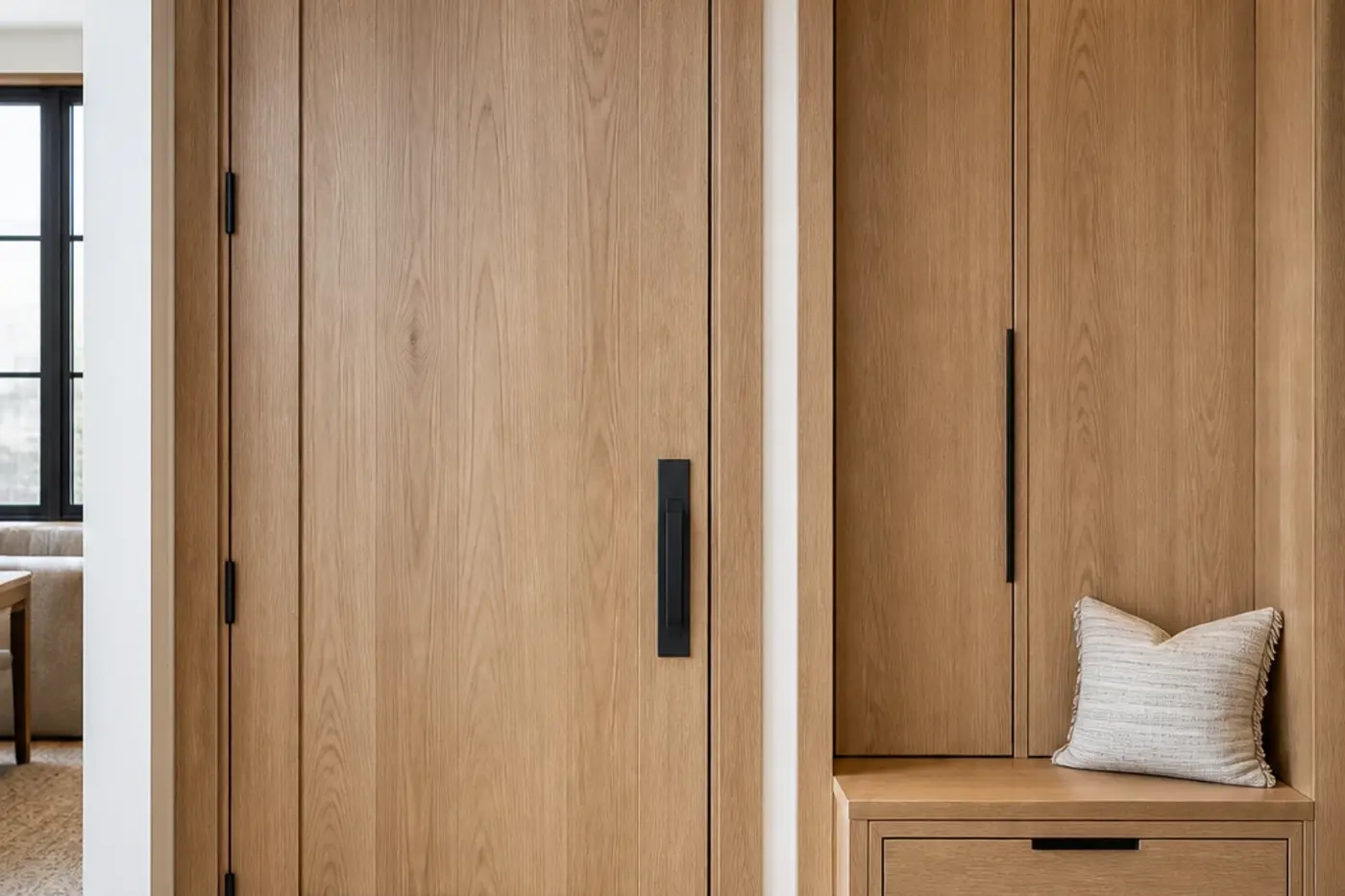 New luxury custom-home entry with a white oak door, flush coat storage, bench drawer, and coordinated floor transition
