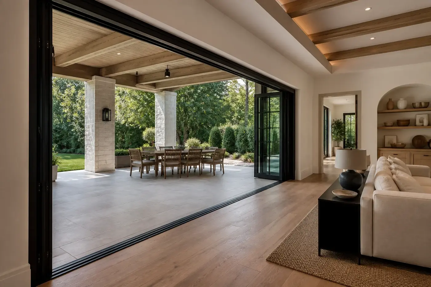 Wide black-framed terrace doors connecting a new Charlotte custom-home great room to a covered outdoor room