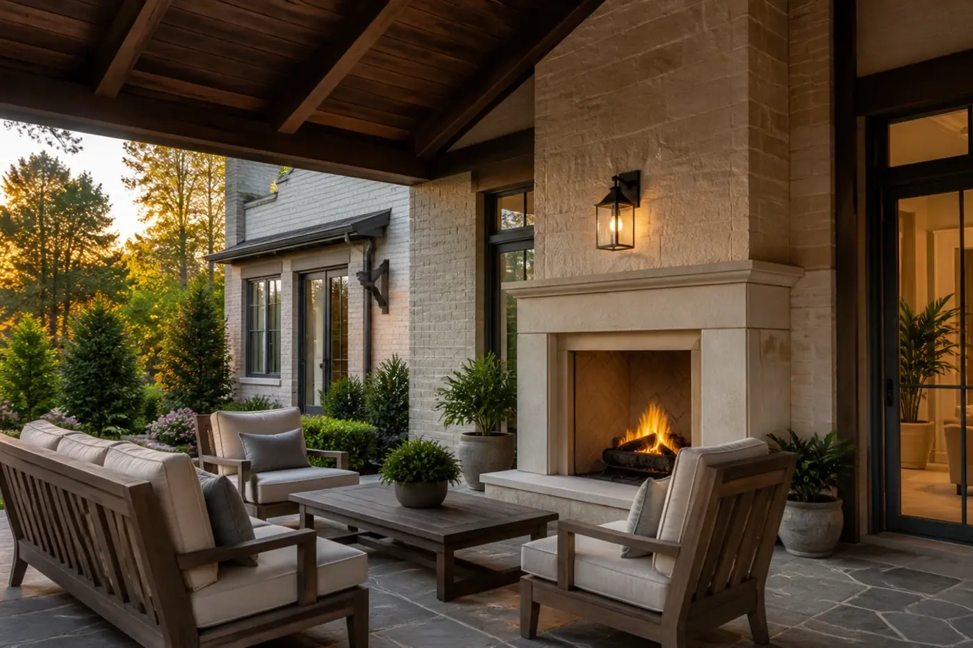 Covered outdoor room with an integrated masonry fireplace at a new luxury Charlotte custom home