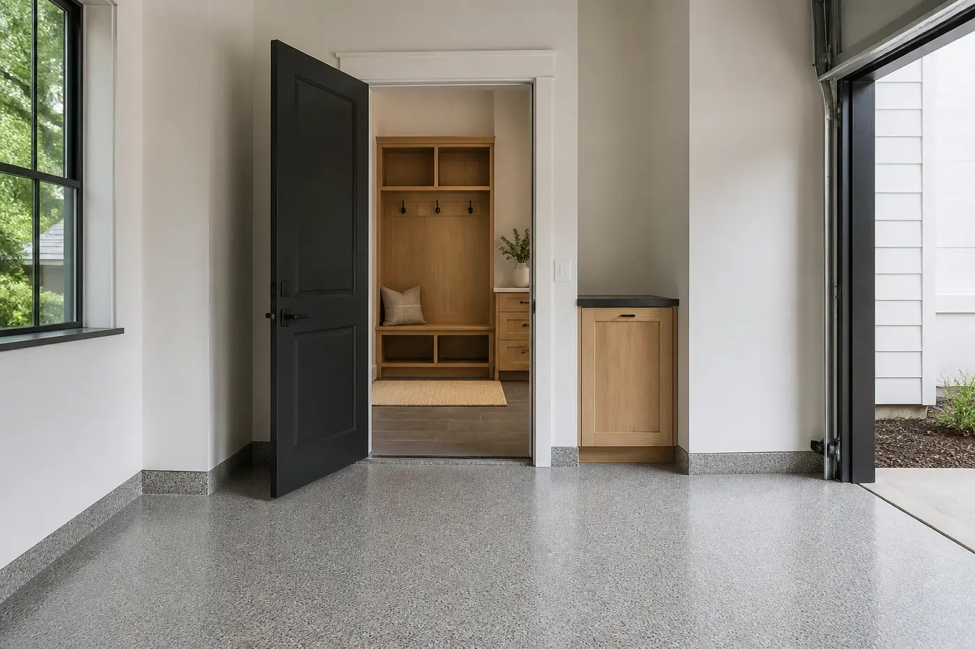 New Charlotte custom-home garage entry opening into a white-oak mudroom with a clear landing and durable floor transition