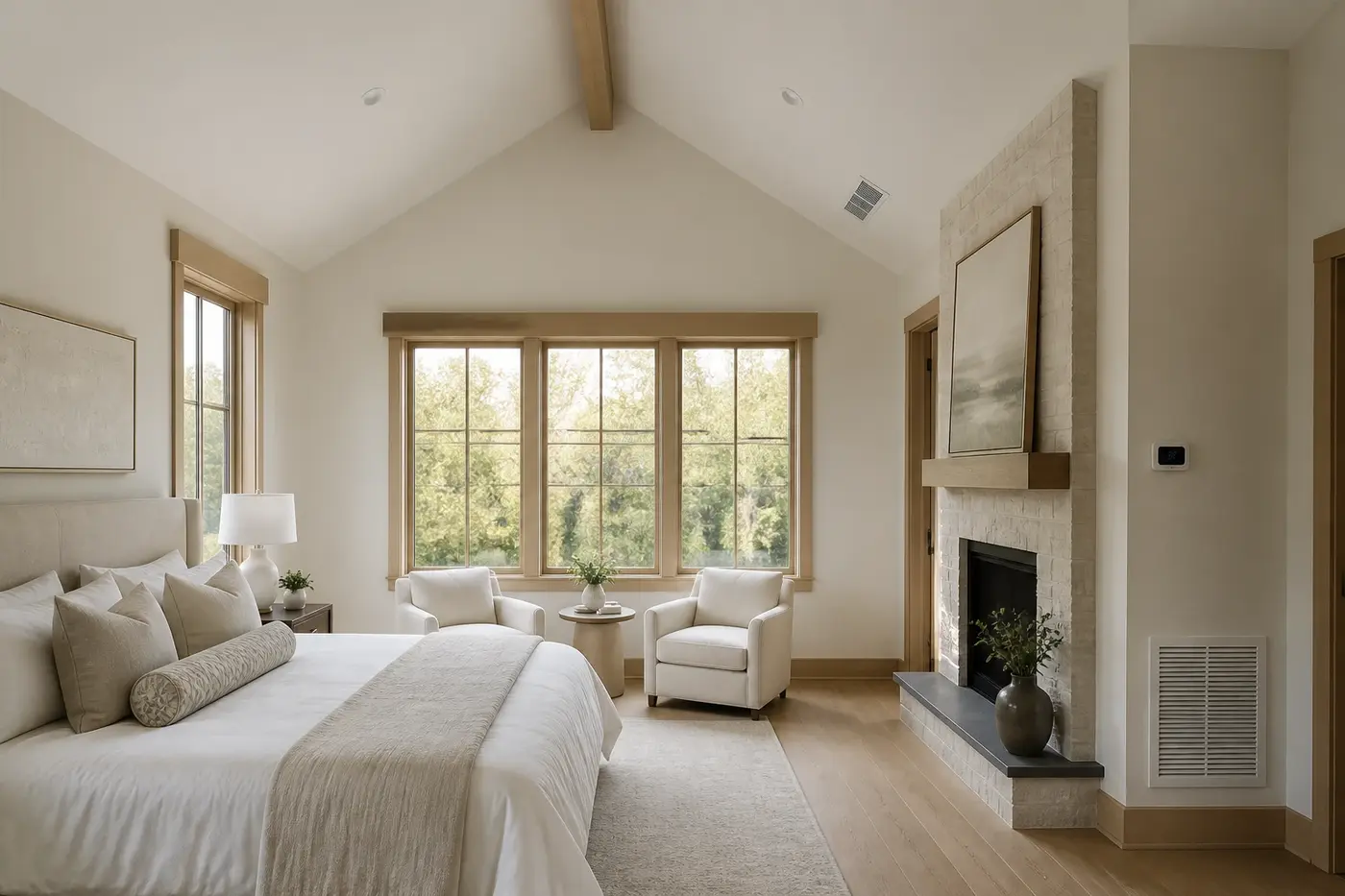 New Charlotte custom-home bedroom with vaulted ceiling, windows, discreet air distribution, and wall control