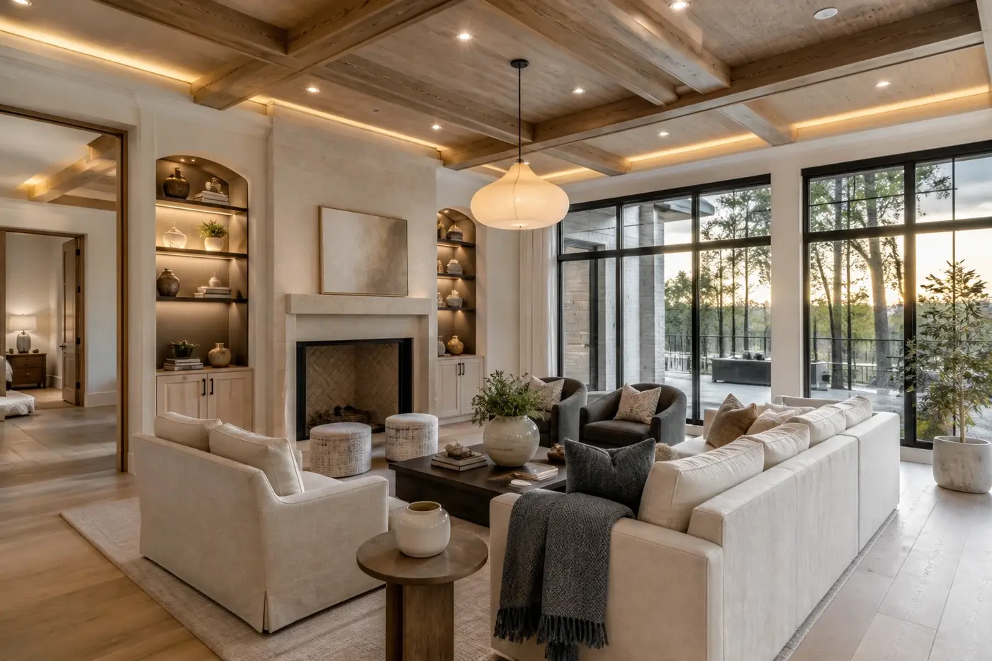 Luxury custom-home great room with layered recessed, concealed, shelf, and decorative lighting