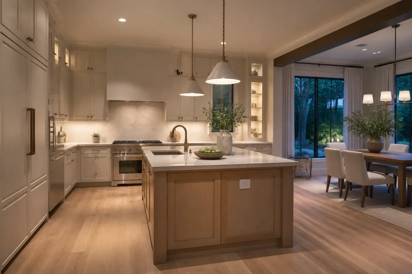 New Charlotte custom-home kitchen with coordinated pendants, recessed lighting, and under-cabinet task lighting