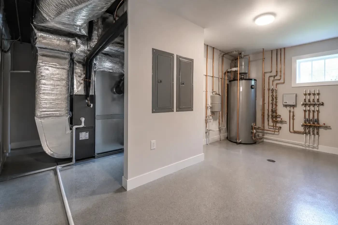 Organized new luxury custom-home mechanical room with separate residential HVAC, water, electrical, piping, and service zones