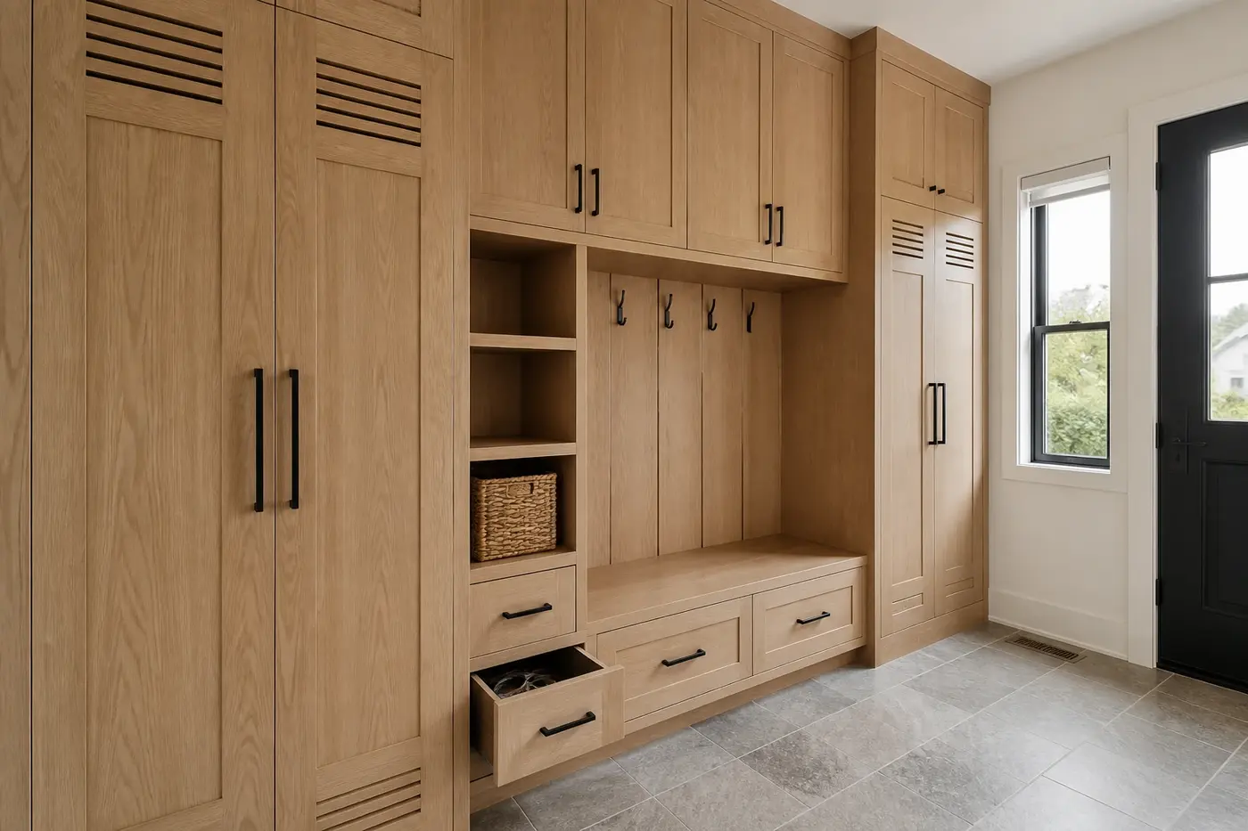 Luxury custom-home mudroom storage wall with ventilated white oak cabinets, bench drawers, hooks, and durable stone-look flooring