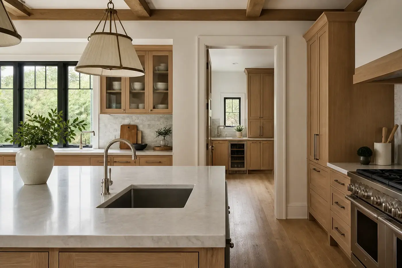 New Charlotte custom-home kitchen and scullery with coordinated sinks, faucets, cabinetry, and circulation