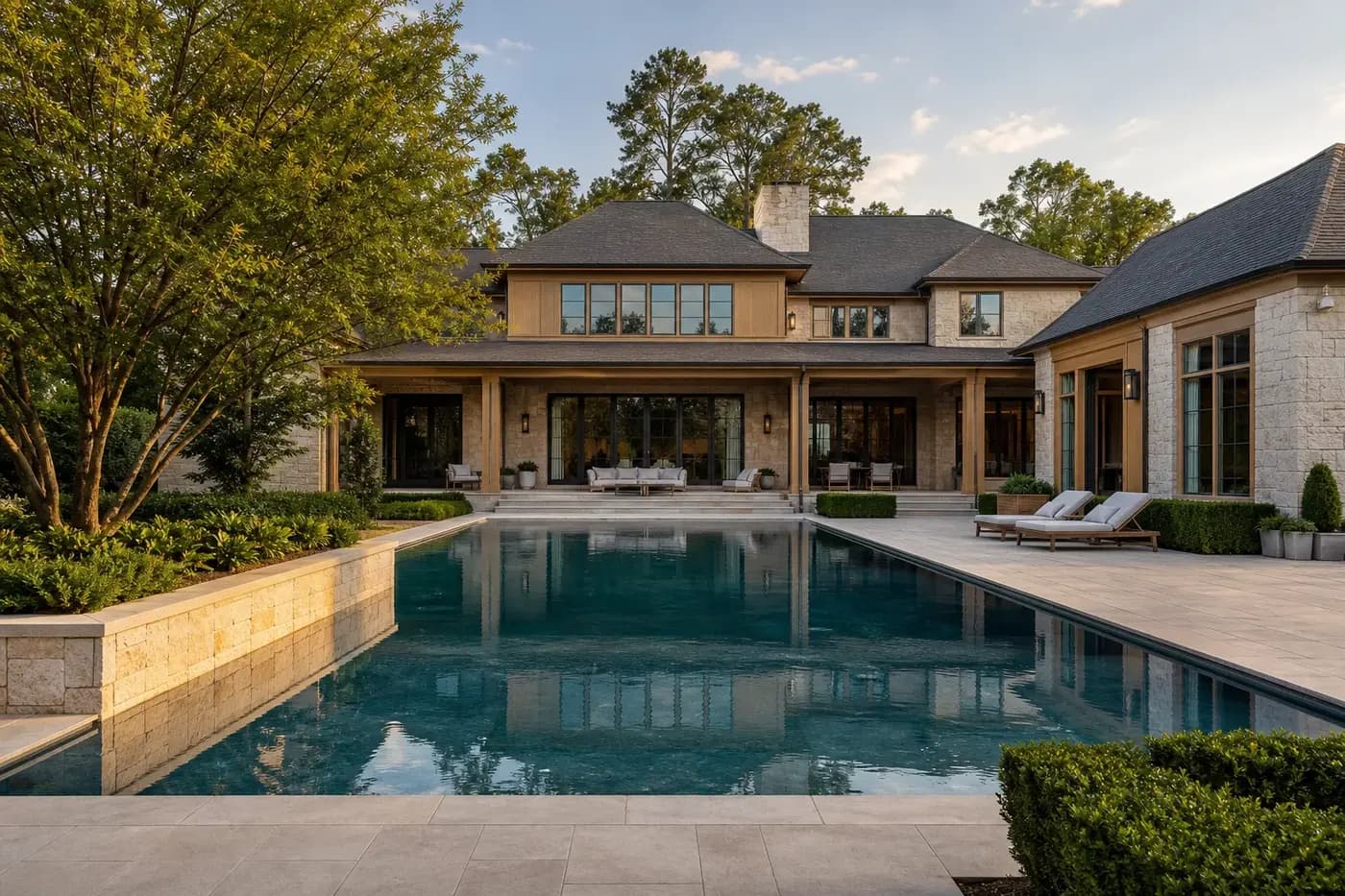 New Charlotte luxury custom home with an integrated rear-garden swimming pool, covered terrace, limestone deck, and mature landscaping