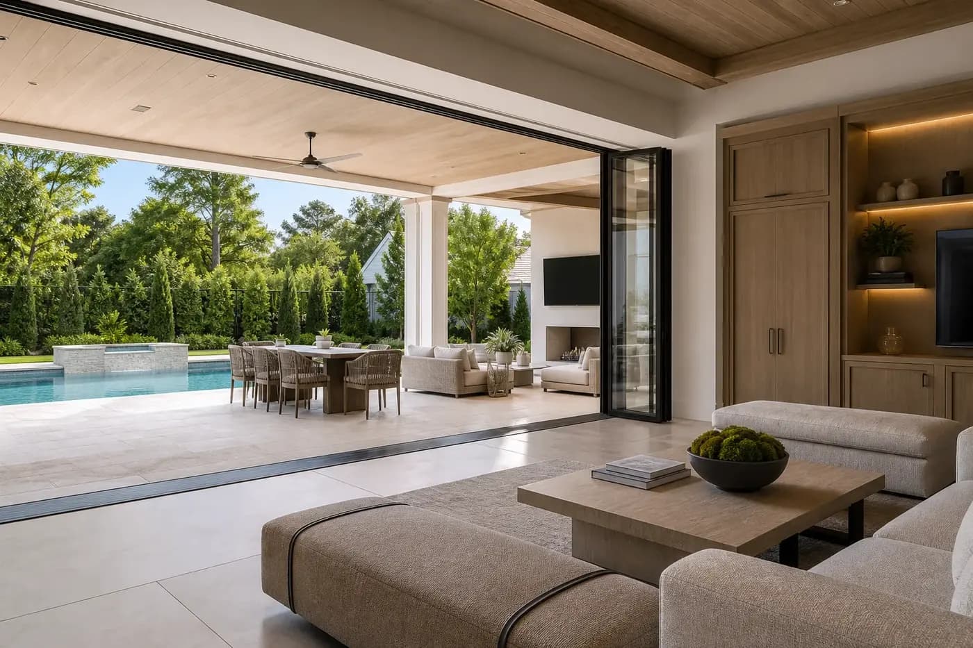 New luxury custom-home great room opening through folding glass doors to a covered terrace and integrated residential pool