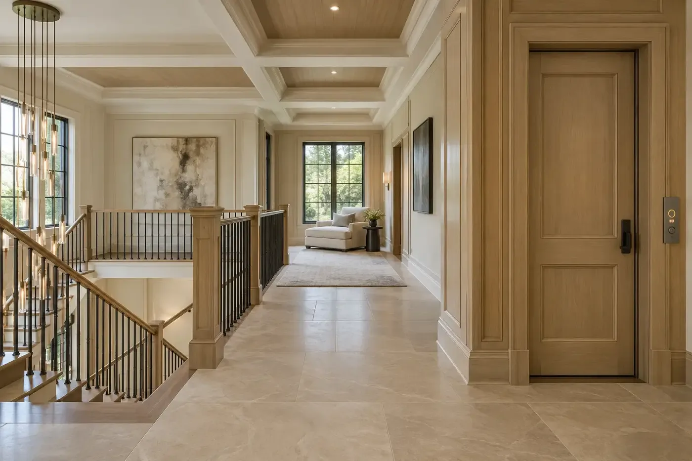 Illustrative upper-floor custom-home elevator landing with clear approach space beside a staircase