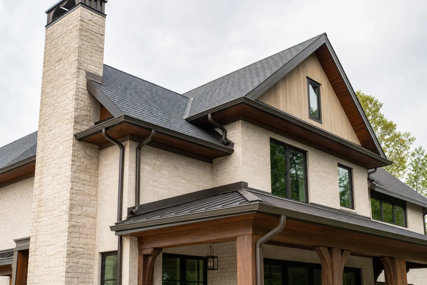 Close architectural view of a custom home's coordinated roof pitches, chimney, deep wood soffits, bronze gutters, and masonry walls