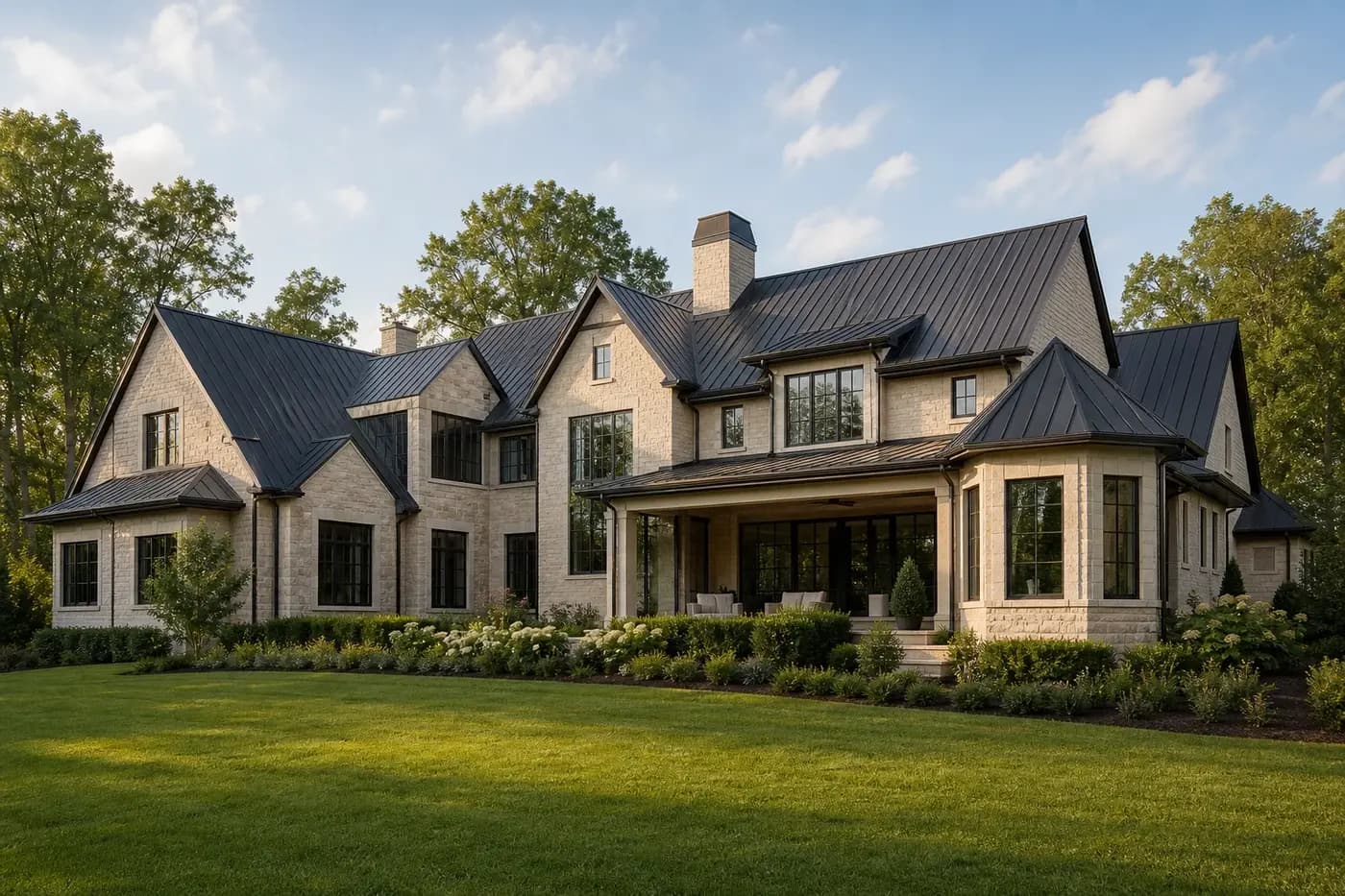 New Charlotte luxury custom home with coordinated metal roof forms, deep eaves, limestone chimneys, and a covered garden terrace
