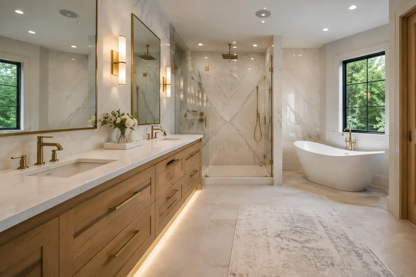New Charlotte custom-home bathroom with coordinated stone, white oak vanity, brass plumbing fixtures, glass shower, and layered lighting