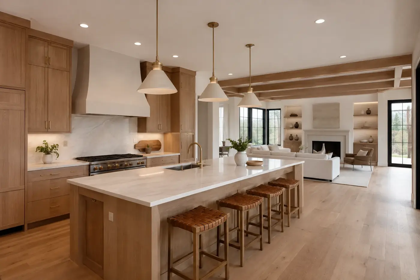 New Charlotte custom-home kitchen and great room with coordinated white oak, stone counters, brass details, lighting, and flooring
