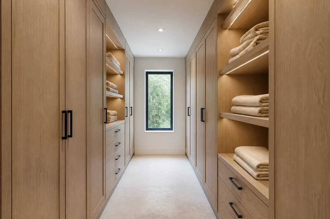 New Charlotte custom-home dressing corridor with full-height white oak wardrobes, linen shelves, and integrated lighting